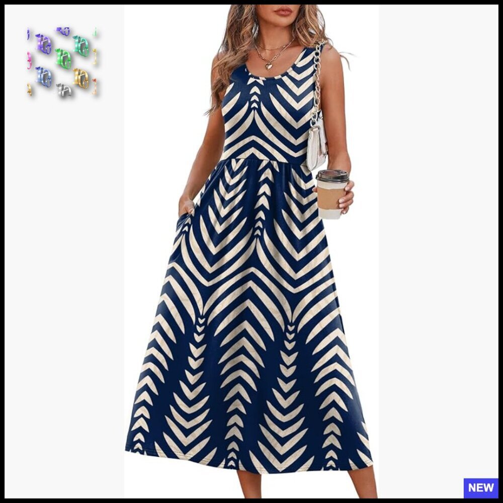 Flowy Midi Dress Casual Boho Chic Summer Vacation Sundress with Pockets